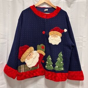 Christmas Shacket Cardigan VTG Santa Trees 3D Plush Fuzzy Buttons Thick Size L